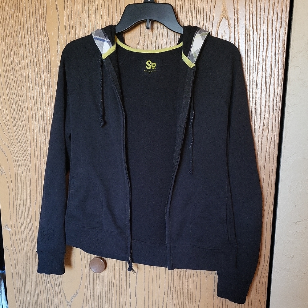 SO Lightweight Black Jacket With Green Plaid Detail On Hood, Sz L